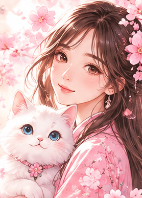 桜と泉ひかり、白猫のイラスト